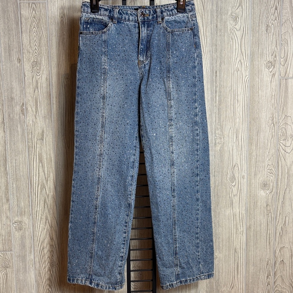 Forever 21 Kids Tween Jeweled Embellished Front Seam Wide Leg Jeans Size 13/14